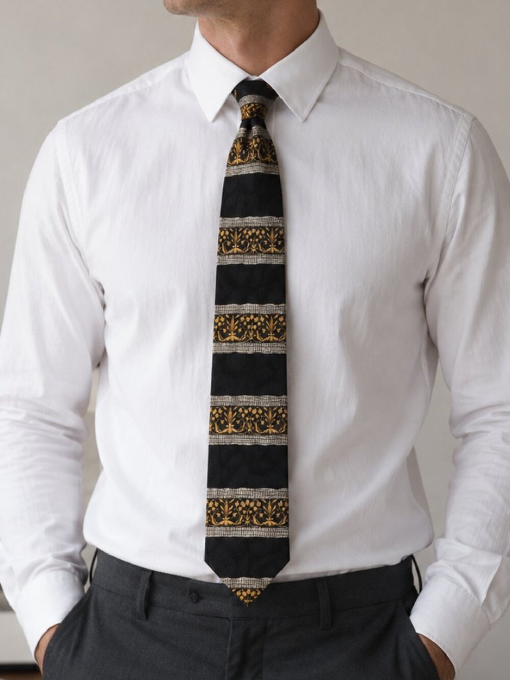 Domenico Franco 100% Italian Silk Tie Black Gold Baroque Stripe Made in Canada